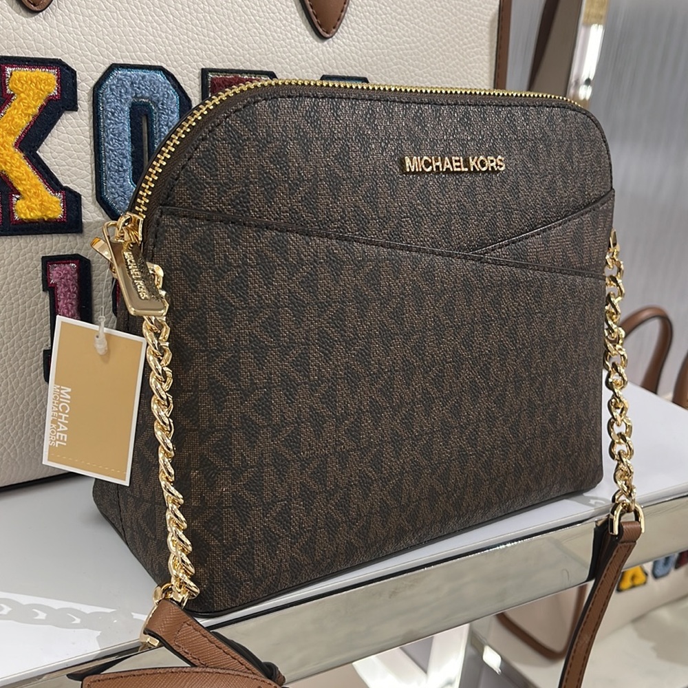 MICHAEL KORS Jet Set Medium Logo Dome Satchel Crossbody 
Brown 
NWT